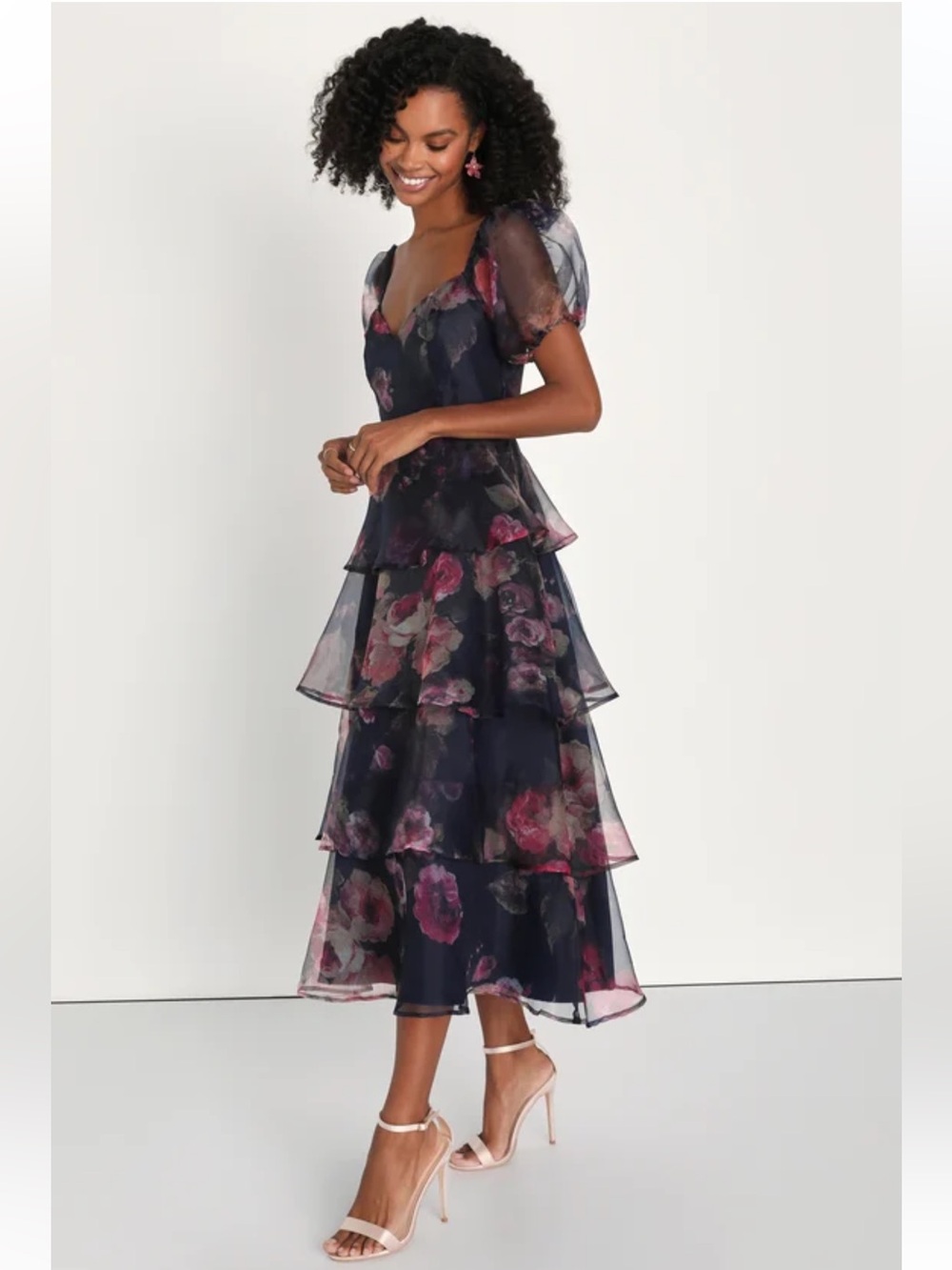 BNWT Lulus Oh-So Stunning Navy Blue Floral Organza Tiered Midi Dress - Picture 3 of 7